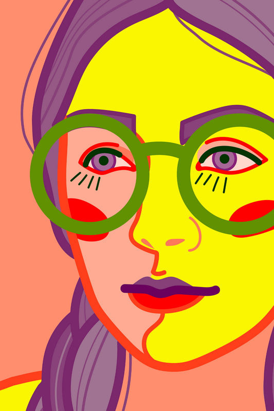 Bright Close-up Portrait Poster Of A Young Girl With Purple Hair In Large Round Glasses - xonomax