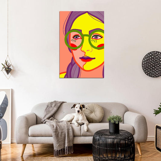 Bright Close-up Portrait Poster Of A Young Girl With Purple Hair In Large Round Glasses - xonomax