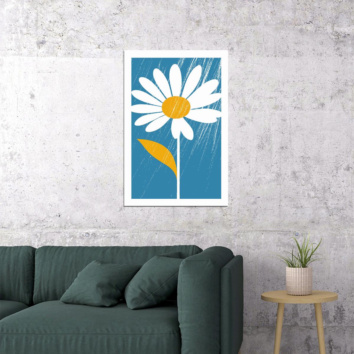 White Daisy Floral Print Blue Nordic Minimalist Rustic Aesthetic Trendy Botanical Wall Art