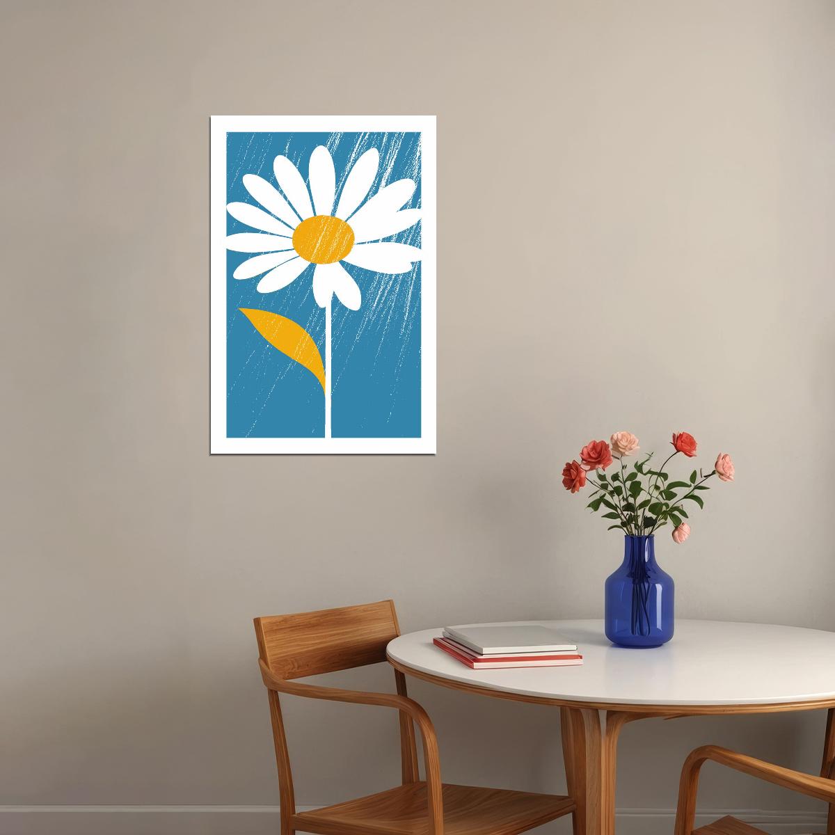 White Daisy Floral Print Blue Nordic Minimalist Rustic Aesthetic Trendy Botanical Wall Art