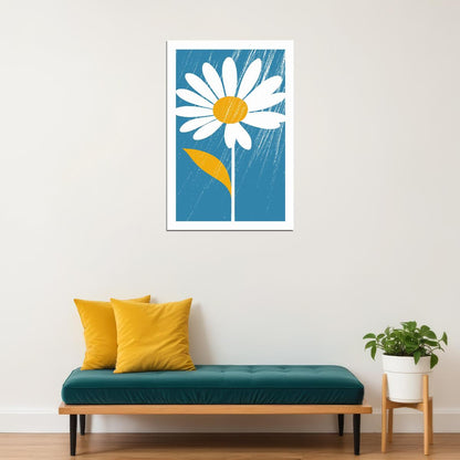 White Daisy Floral Print Blue Nordic Minimalist Rustic Aesthetic Trendy Botanical Wall Art