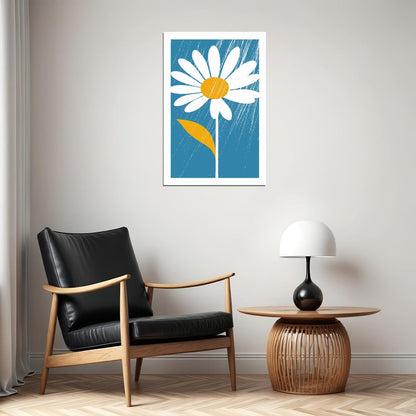 White Daisy Floral Print Blue Nordic Minimalist Rustic Aesthetic Trendy Botanical Wall Art