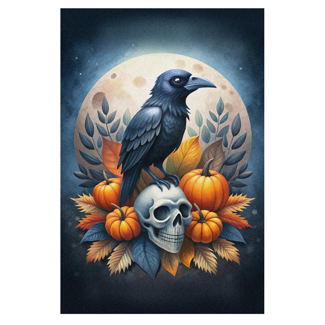 Black Raven Halloween Poster Creepy Skull Print Pumpkin 2024 Trendy Boho Moon Wall Art