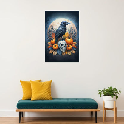 Black Raven Halloween Poster Creepy Skull Print Pumpkin 2024 Trendy Boho Moon Wall Art