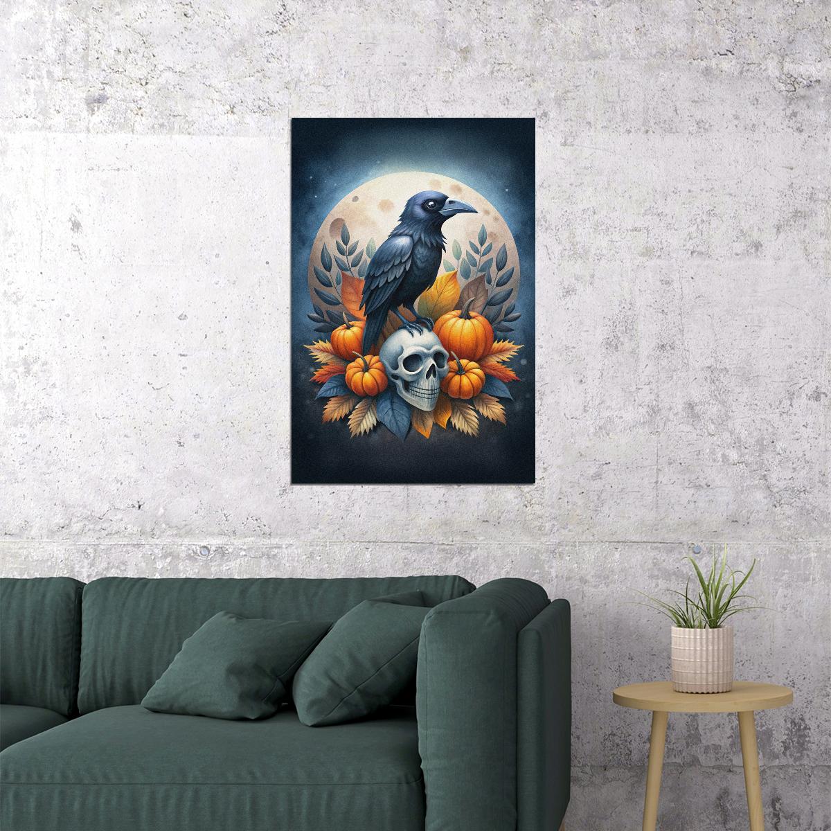 Black Raven Halloween Poster Creepy Skull Print Pumpkin 2024 Trendy Boho Moon Wall Art