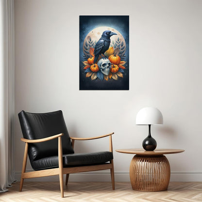 Black Raven Halloween Poster Creepy Skull Print Pumpkin 2024 Trendy Boho Moon Wall Art