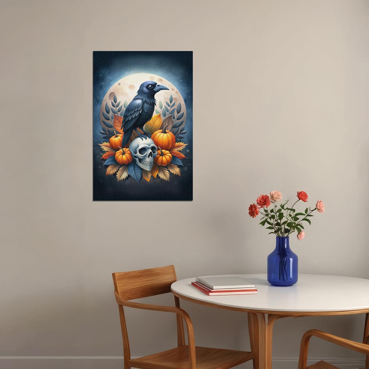 Black Raven Halloween Poster Creepy Skull Print Pumpkin 2024 Trendy Boho Moon Wall Art