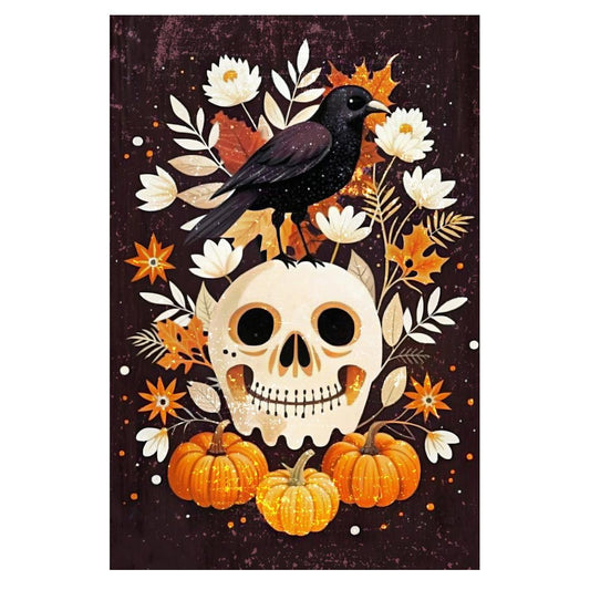 Black Raven Folk Print Cute Skull Halloween Poster Boho Pumpkin Wall Art Trendy Halloween Aesthetic - xonomax