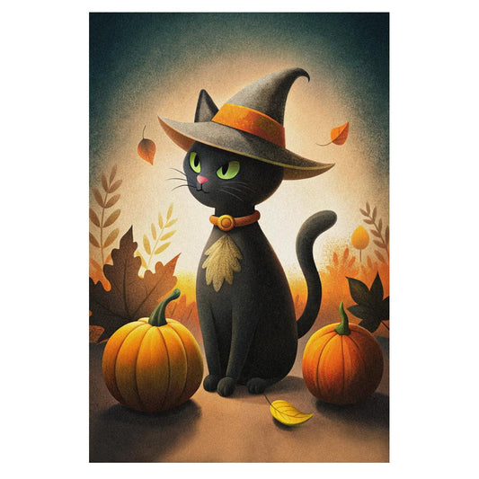 Black Cat In Witch Hat Print Cute Halloween Poster Trendy Pumpkin Wall Art Fall Vintage Aesthetic - xonomax