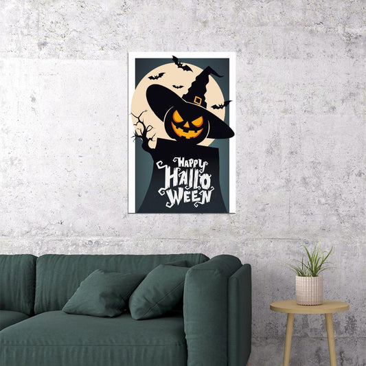 Happy Halloween Poster Scary Jack O'Lantern Trendy Minimalist Print Spooky Pumpkin Wall Art - xonomax