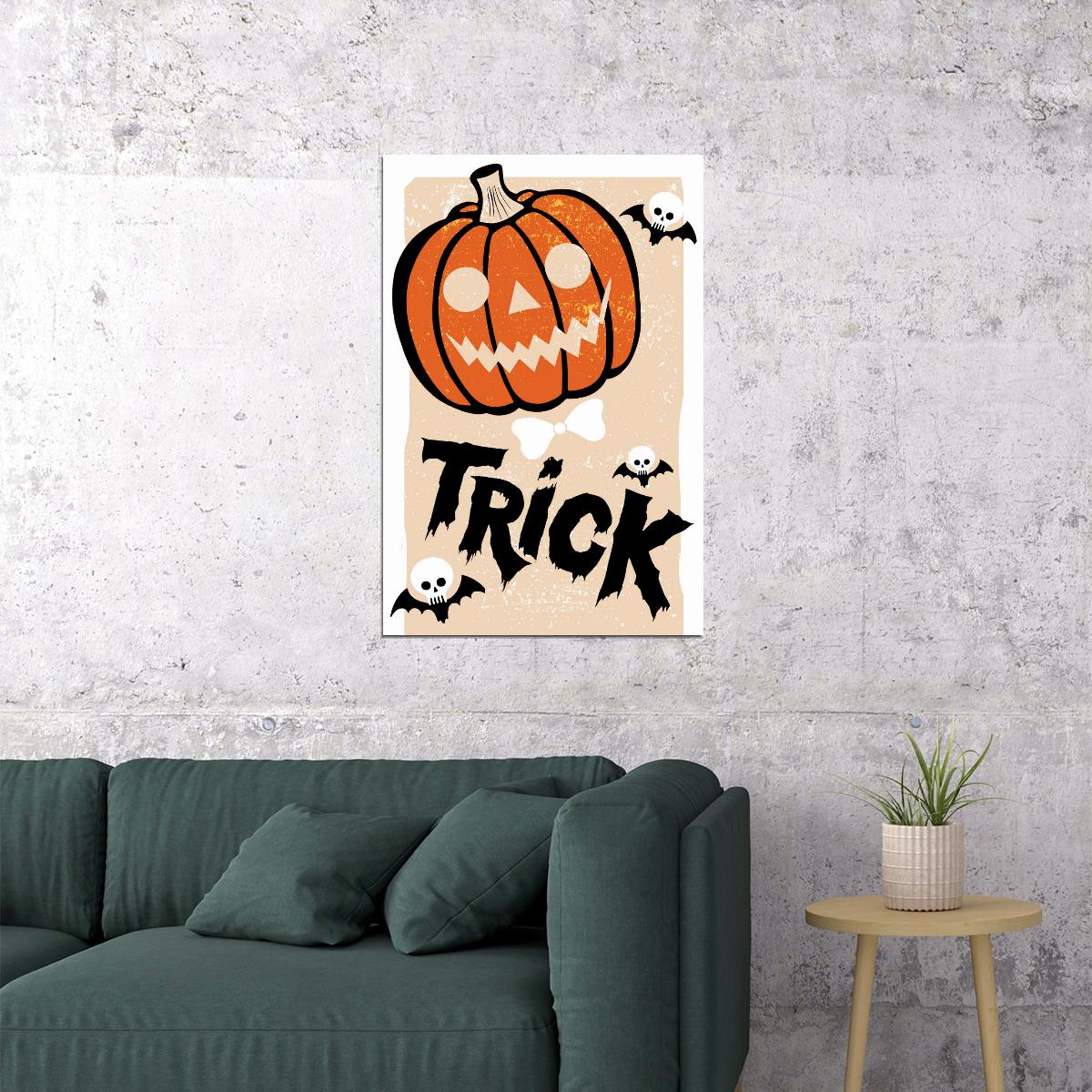 Trick Halloween Print Scary Jack O'Lantern Vintage Art Cute Trendy Skeleton Bats Wall Art