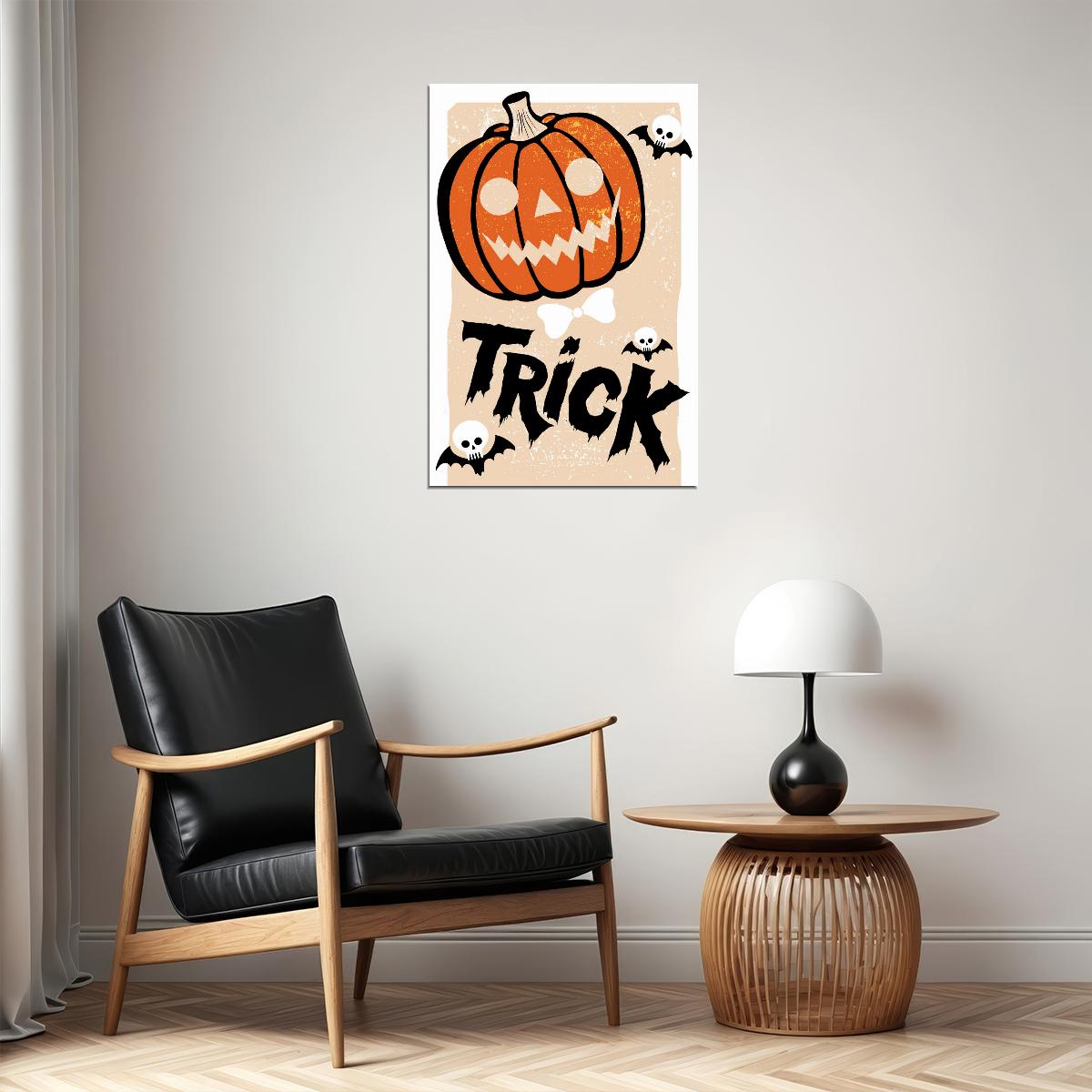 Trick Halloween Print Scary Jack O'Lantern Vintage Art Cute Trendy Skeleton Bats Wall Art