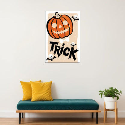 Trick Halloween Print Scary Jack O'Lantern Vintage Art Cute Trendy Skeleton Bats Wall Art