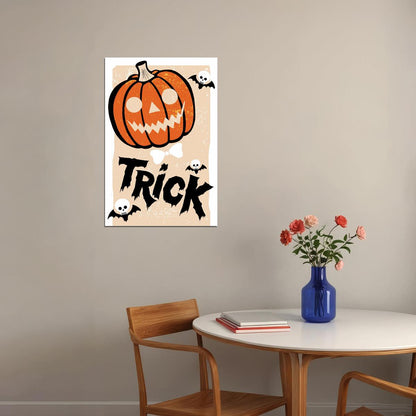 Trick Halloween Print Scary Jack O'Lantern Vintage Art Cute Trendy Skeleton Bats Wall Art