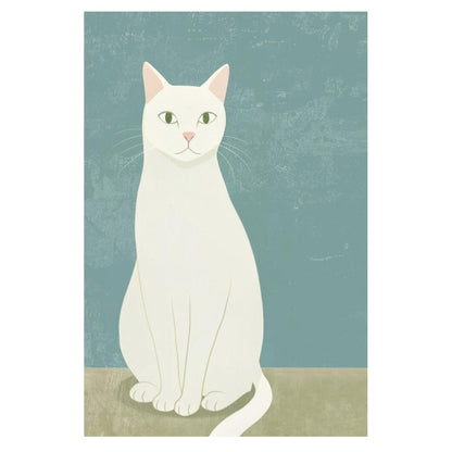 White Cat Poster Pastel Blue Minimalist Print Cute Nordic Home Decor Neutral Aesthetic Wall Art