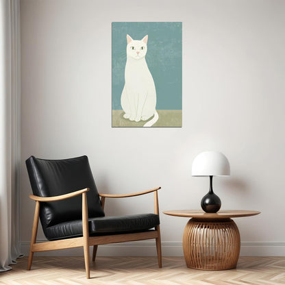 White Cat Poster Pastel Blue Minimalist Print Cute Nordic Home Decor Neutral Aesthetic Wall Art