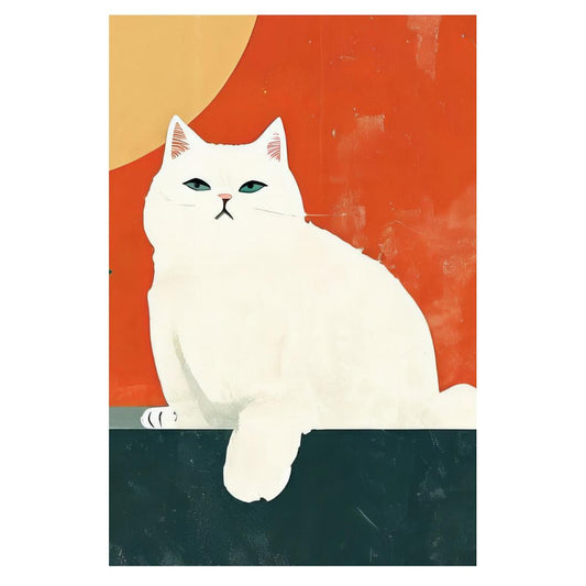 White Cat Poster Colorful Maximalist Print Eclectic Wall Art Orange Home Decor Trendy Aesthetics