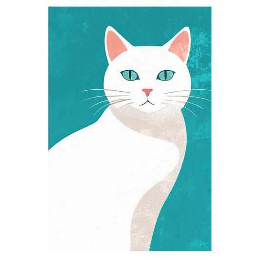 White Cat Poster Blue Maximalist Print Simple Eclectic Wall Art Aesthetic Home Decor