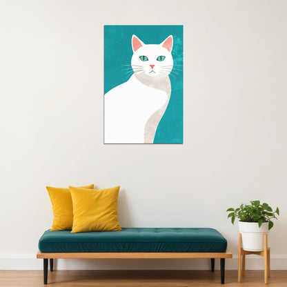 White Cat Poster Blue Maximalist Print Simple Eclectic Wall Art Aesthetic Home Decor