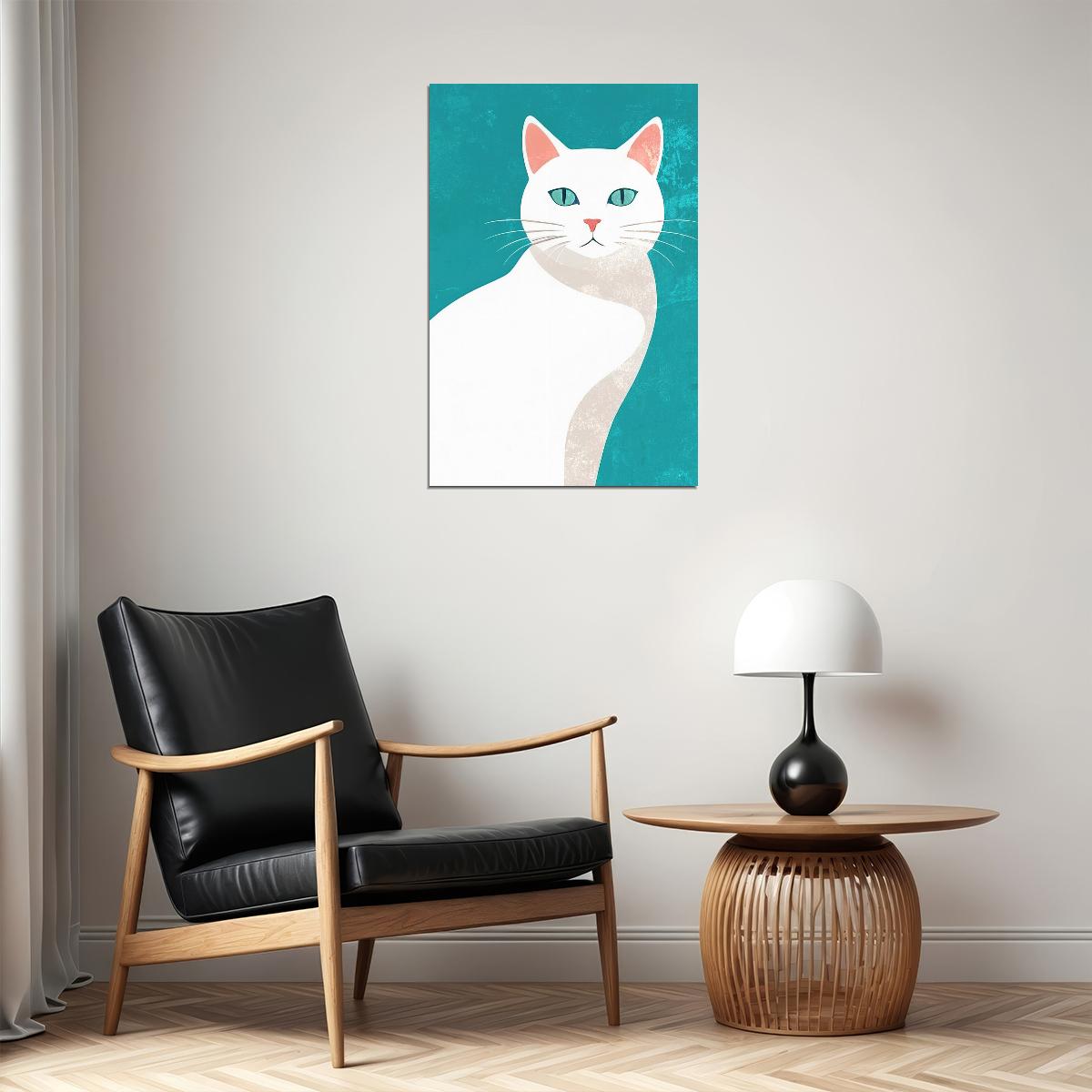 White Cat Poster Blue Maximalist Print Simple Eclectic Wall Art Aesthetic Home Decor