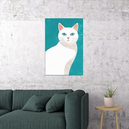 White Cat Poster Blue Maximalist Print Simple Eclectic Wall Art Aesthetic Home Decor