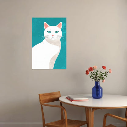 White Cat Poster Blue Maximalist Print Simple Eclectic Wall Art Aesthetic Home Decor