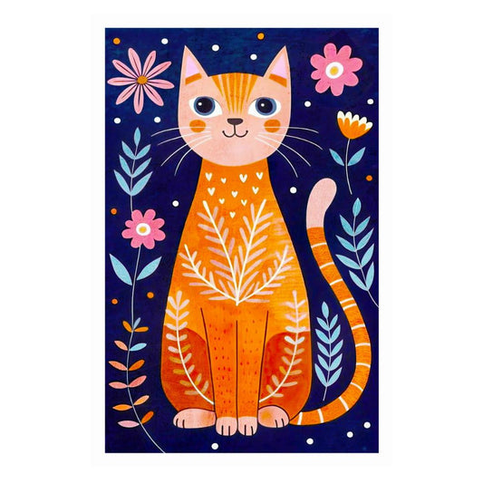 Orange Cat With Flowers Poster Indigo Boho Print Colorful Eclectic Wall Art Nordic Home Decor