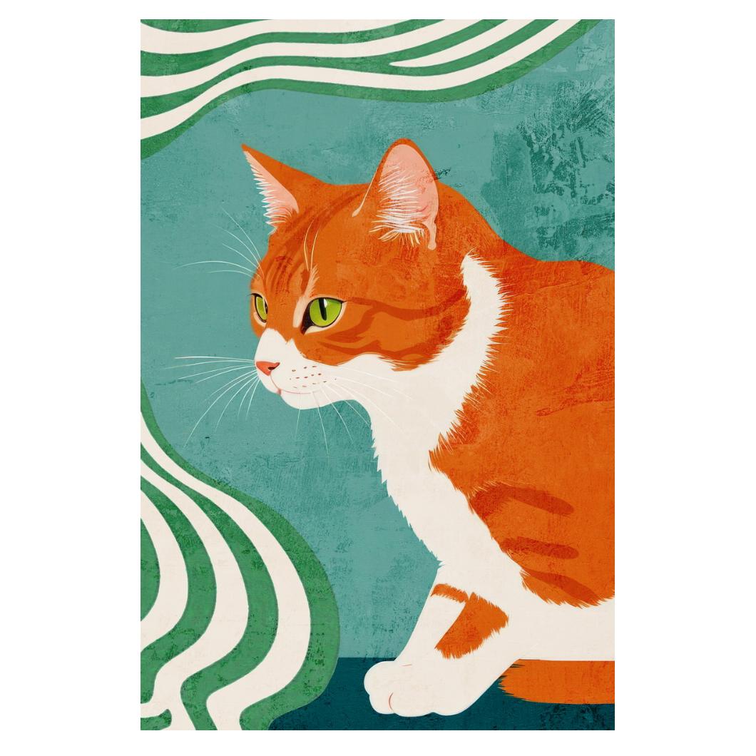 Ginger Cat Print Green Maximalist Poster Orange Eclectic Aesthetics Colorful Teal Art - xonomax