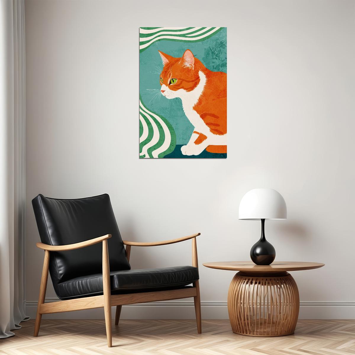 Ginger Cat Print Green Maximalist Poster Orange Eclectic Aesthetics Colorful Teal Art - xonomax