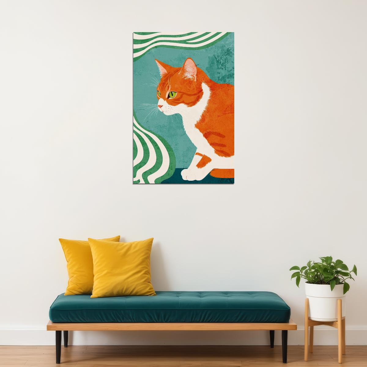 Ginger Cat Print Green Maximalist Poster Orange Eclectic Aesthetics Colorful Teal Art - xonomax