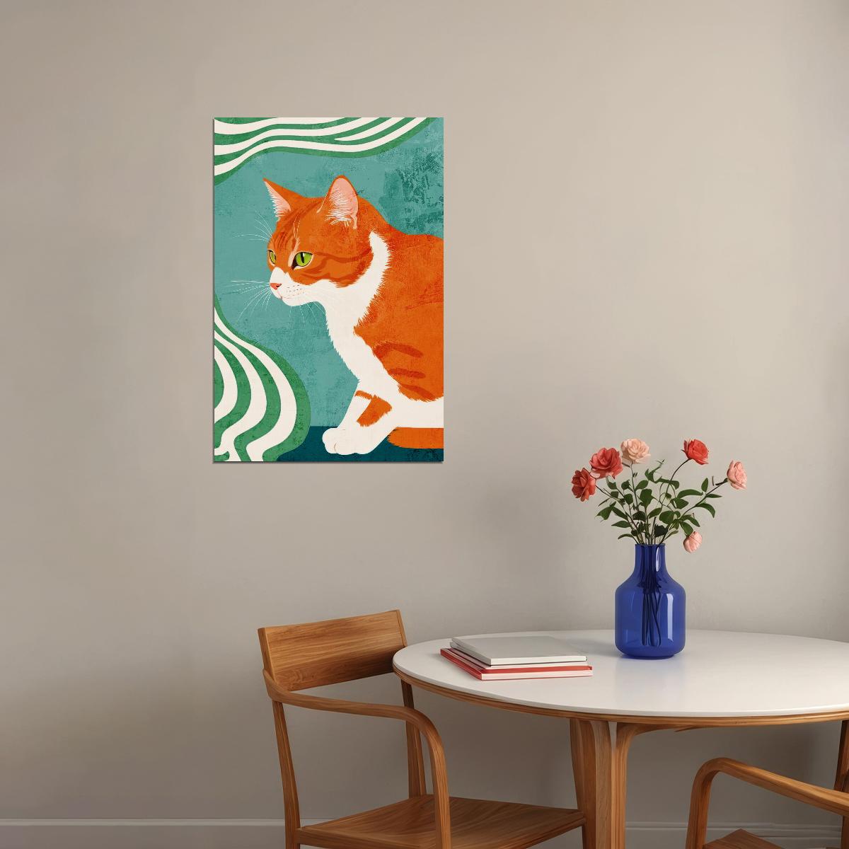 Ginger Cat Print Green Maximalist Poster Orange Eclectic Aesthetics Colorful Teal Art - xonomax