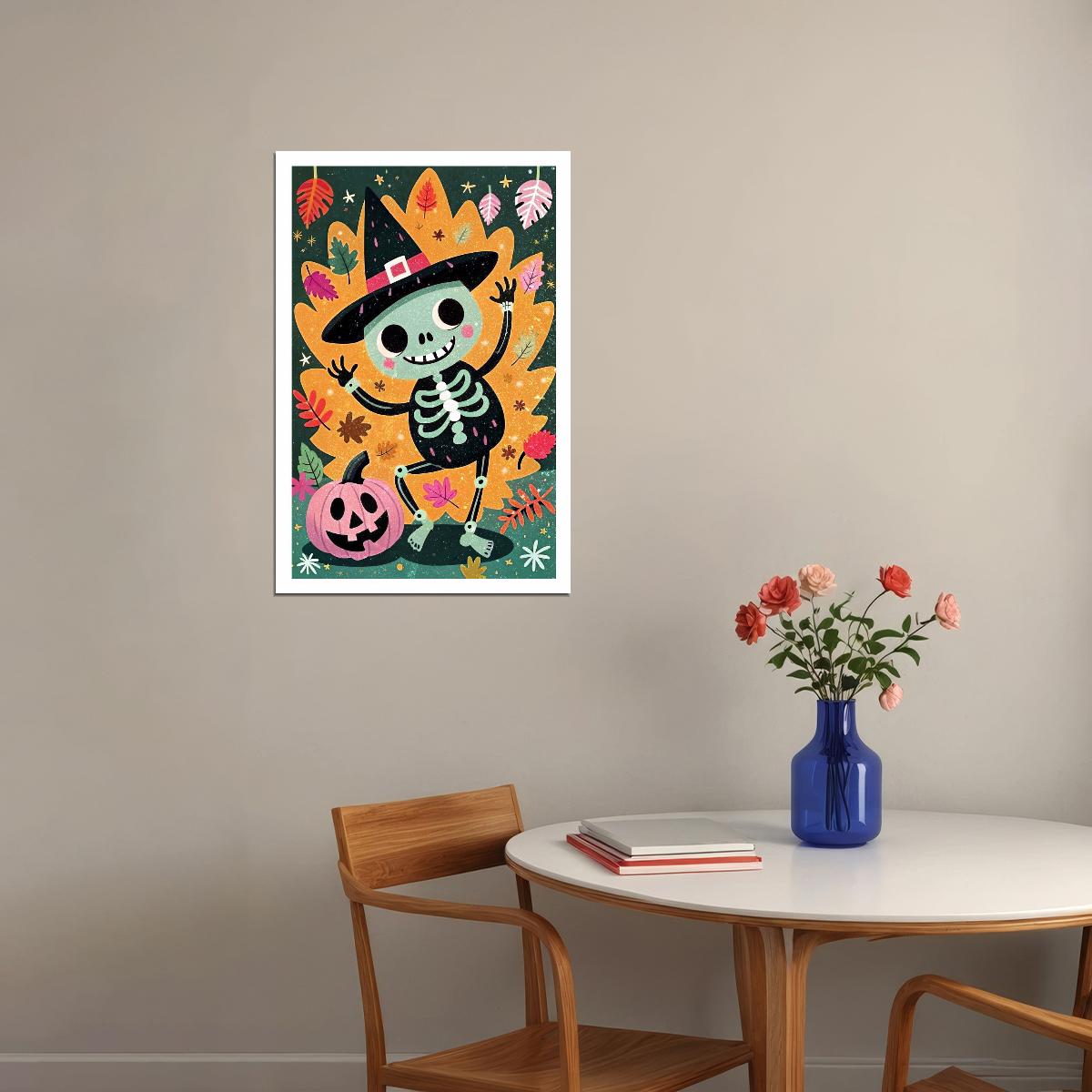 Cute Skeleton With Pumpkin Poster Trendy Halloween Print For Kids Nursery Art Playful Cozy Decor - xonomax
