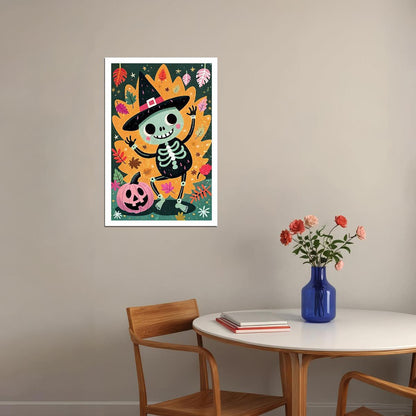 Cute Skeleton With Pumpkin Poster Trendy Halloween Print For Kids Nursery Art Playful Cozy Decor - xonomax