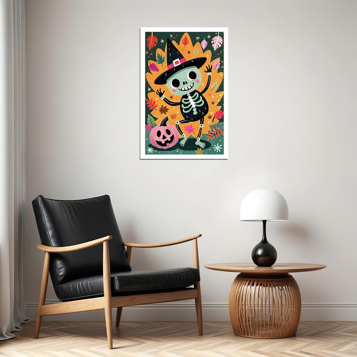 Cute Skeleton With Pumpkin Poster Trendy Halloween Print For Kids Nursery Art Playful Cozy Decor - xonomax
