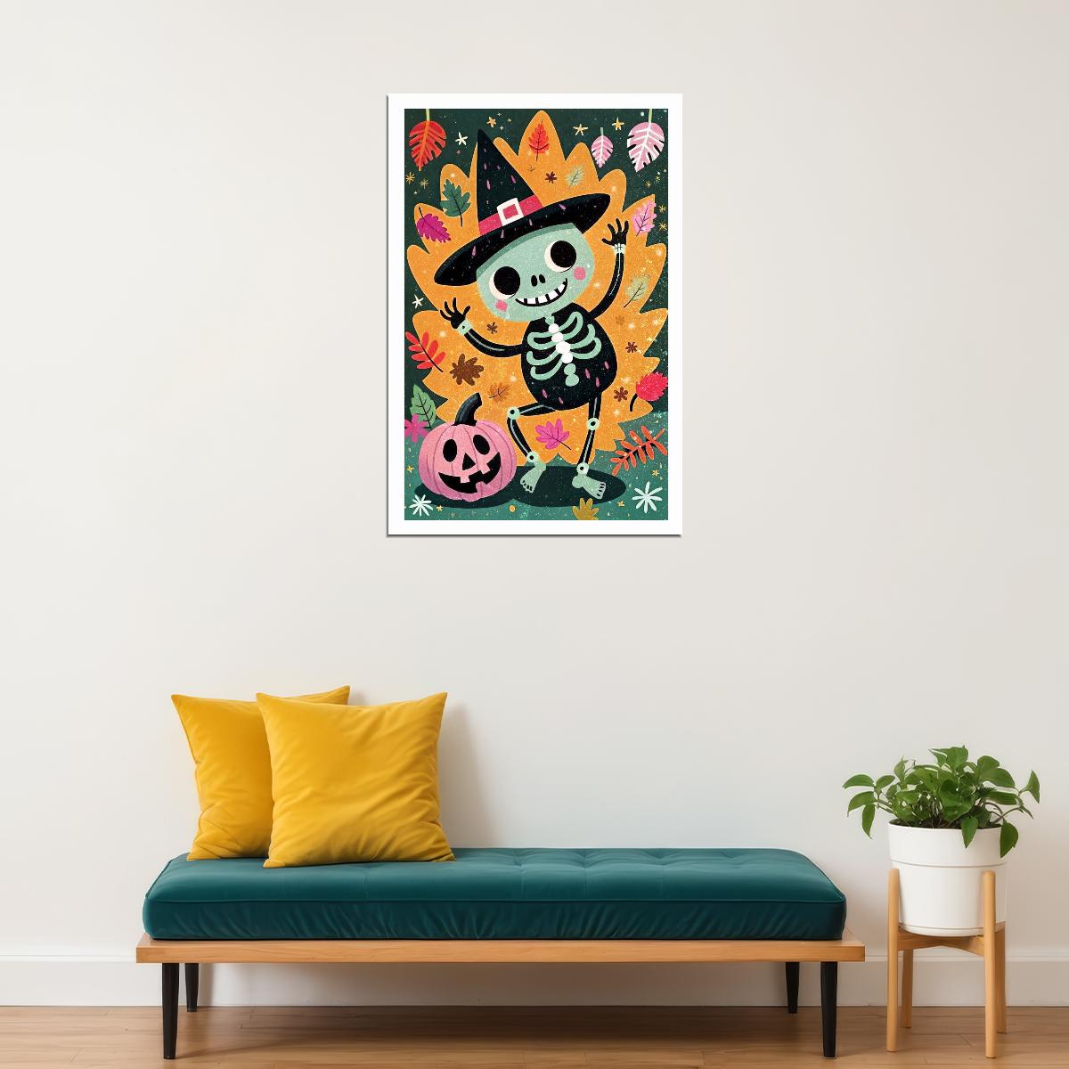 Cute Skeleton With Pumpkin Poster Trendy Halloween Print For Kids Nursery Art Playful Cozy Decor - xonomax