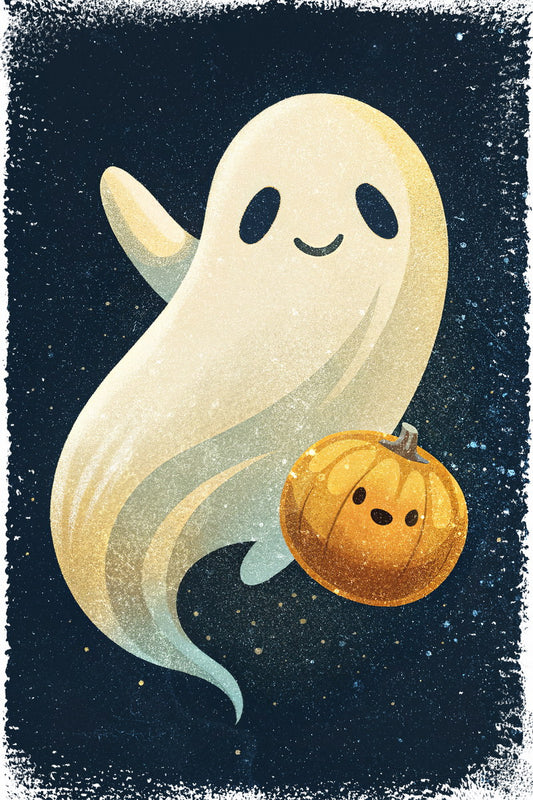 Smiling Ghost With Pumpkin Poster Cute Halloween Print For Kids Nursery Art Friendly Ghost Decor - xonomax