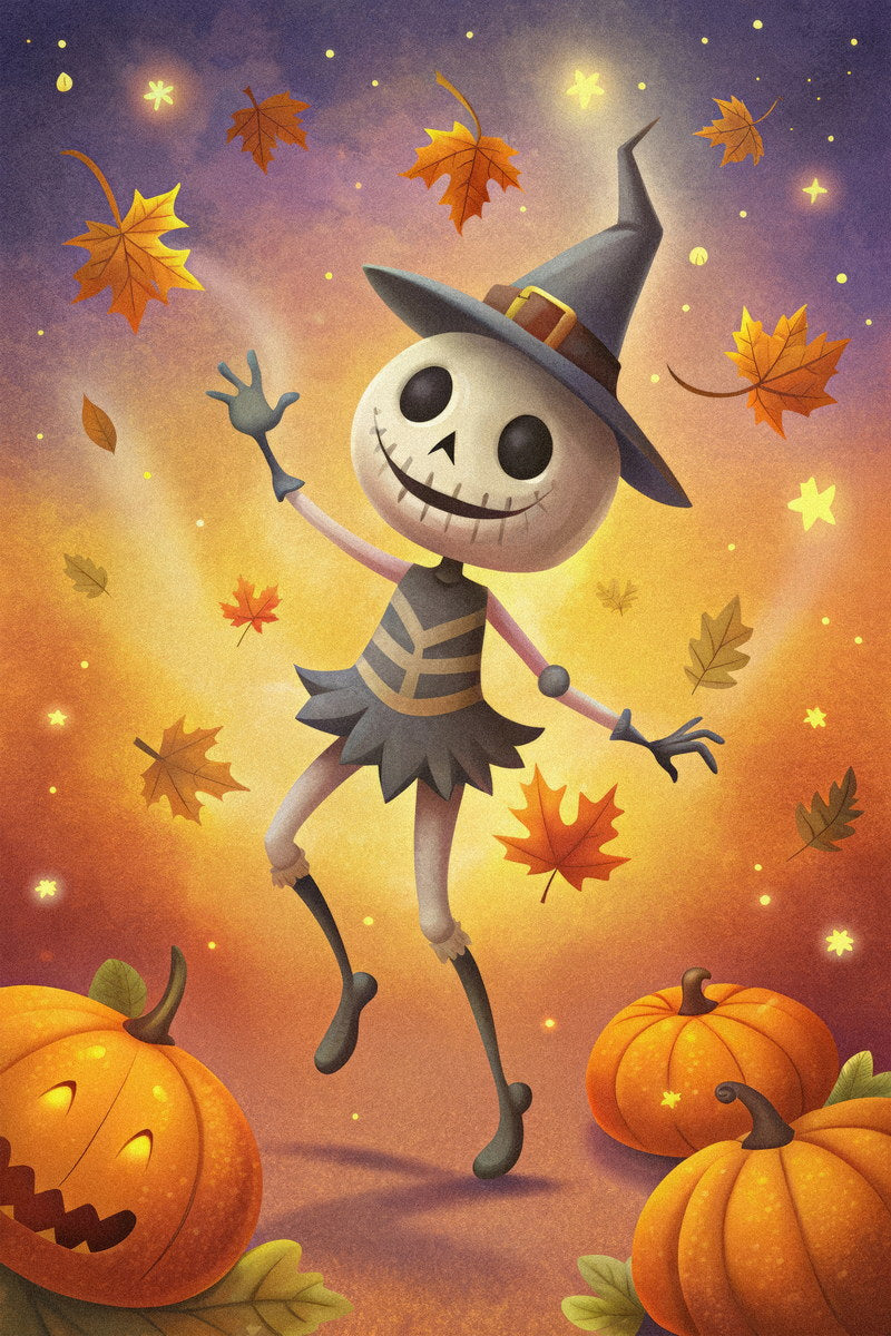 Dancing Scarecrow And Pumpkins Poster Cute Halloween Print For Kids Whimsical Nursery Wall Art