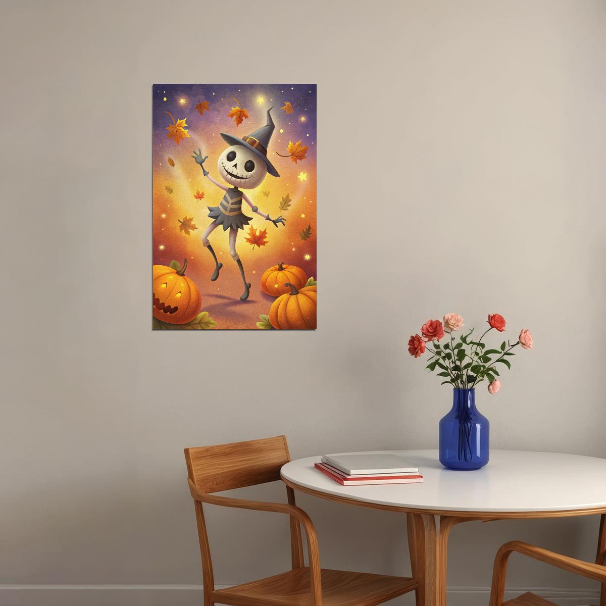 Dancing Scarecrow And Pumpkins Poster Cute Halloween Print For Kids Whimsical Nursery Wall Art