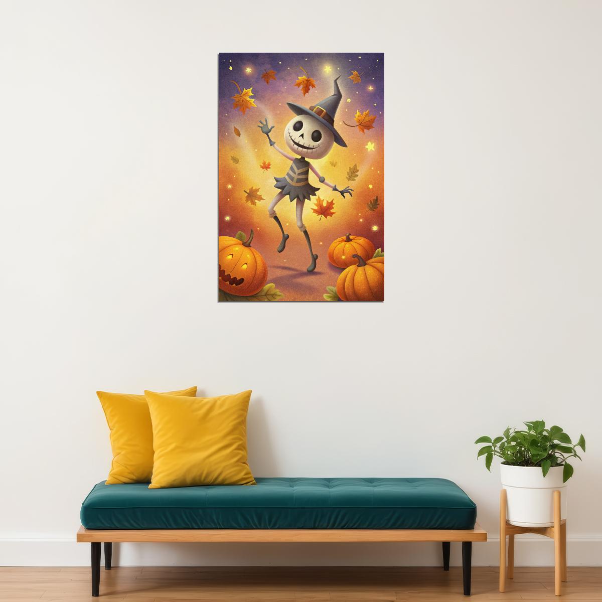 Dancing Scarecrow And Pumpkins Poster Cute Halloween Print For Kids Whimsical Nursery Wall Art