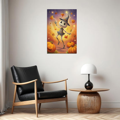 Dancing Scarecrow And Pumpkins Poster Cute Halloween Print For Kids Whimsical Nursery Wall Art