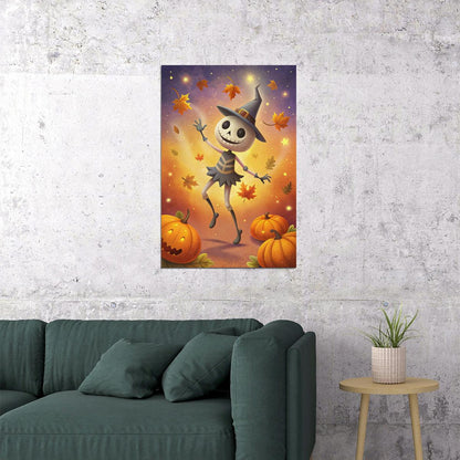 Dancing Scarecrow And Pumpkins Poster Cute Halloween Print For Kids Whimsical Nursery Wall Art
