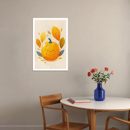 Smiling Pumpkin Poster Cute Leaves Fall Nursery Print Halloween Pictures For Kids Cozy Wall Art - xonomax