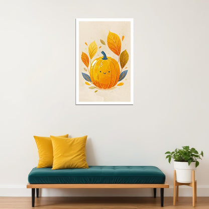 Smiling Pumpkin Poster Cute Leaves Fall Nursery Print Halloween Pictures For Kids Cozy Wall Art - xonomax