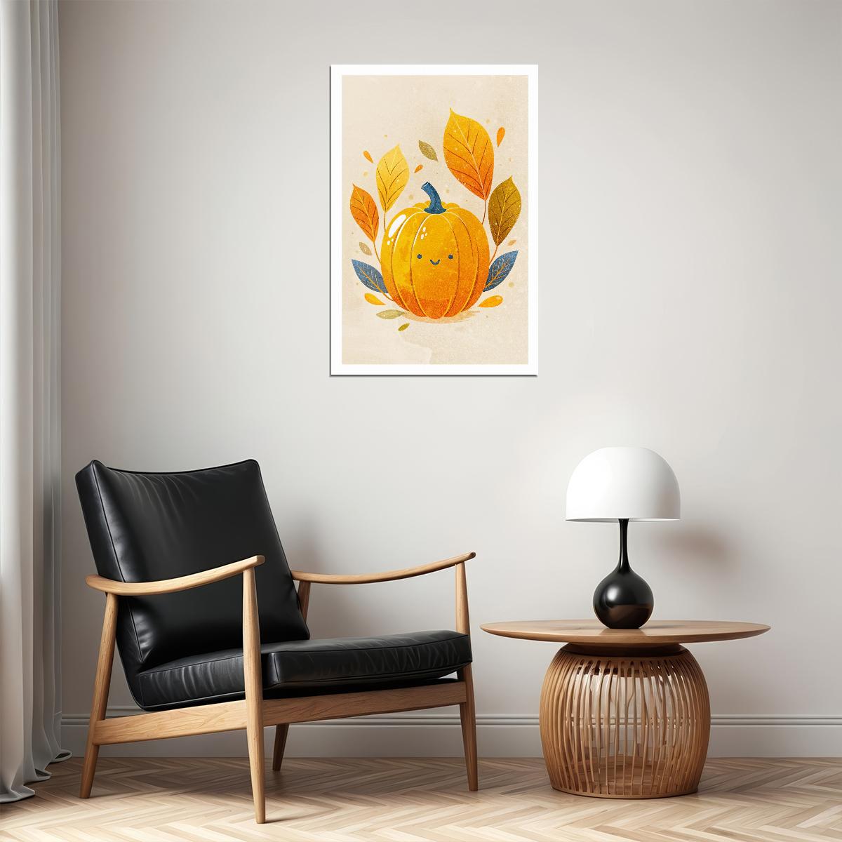 Smiling Pumpkin Poster Cute Leaves Fall Nursery Print Halloween Pictures For Kids Cozy Wall Art - xonomax