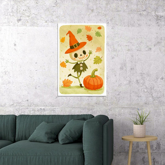 Happy Scarecrow Poster Cute Pumpkin Halloween Print Kids Room Nursery Whimsical Wall Art - xonomax