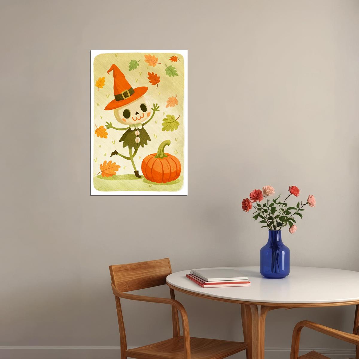 Happy Scarecrow Poster Cute Pumpkin Halloween Print Kids Room Nursery Whimsical Wall Art - xonomax