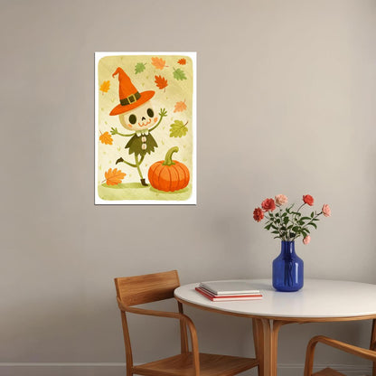 Happy Scarecrow Poster Cute Pumpkin Halloween Print Kids Room Nursery Whimsical Wall Art - xonomax