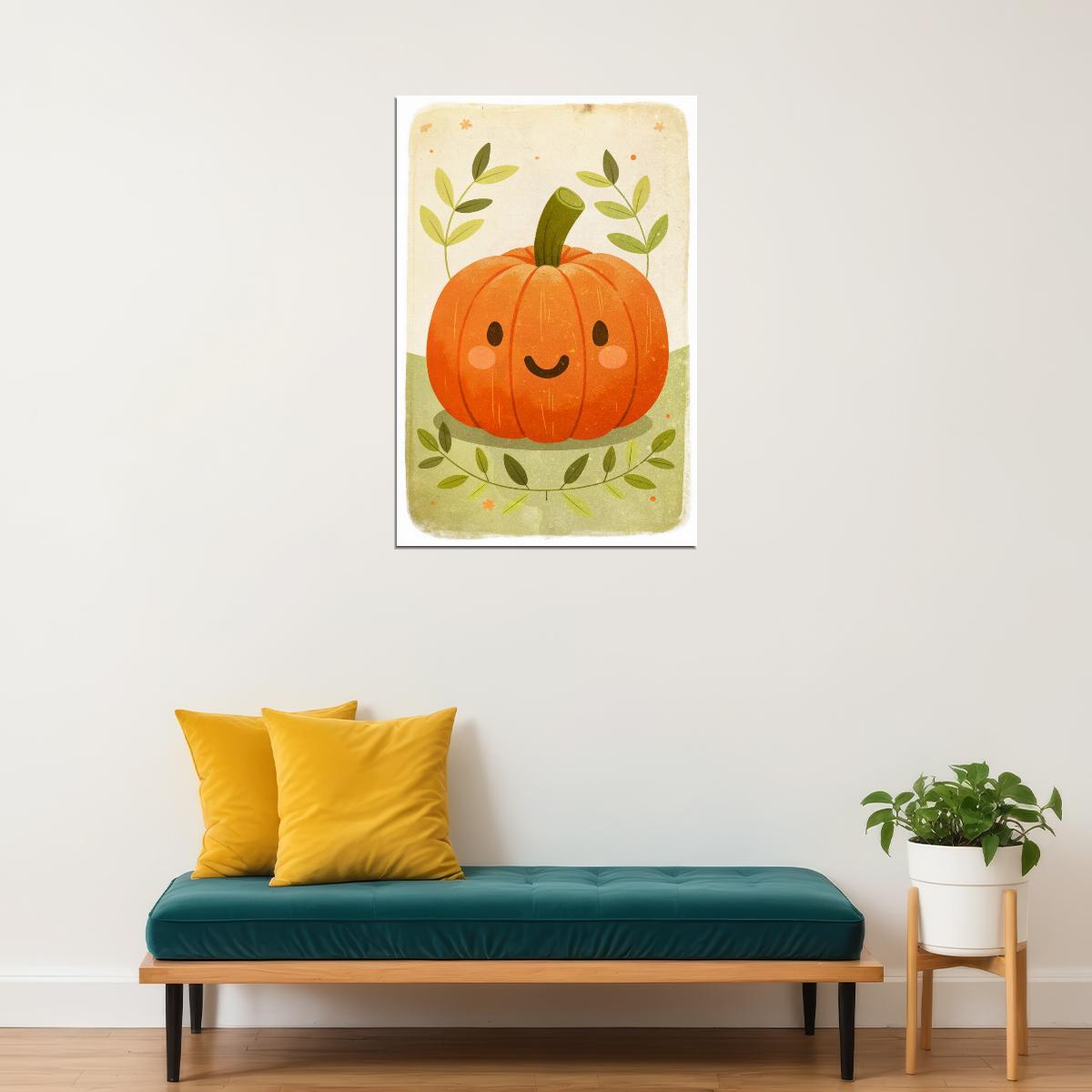 Poster - Smiling Pumpkin Poster Cute Fall Print For Kids Nursery Wall Art  Charming Halloween Pumpkin Decor