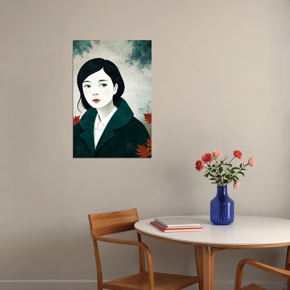 Girl And Leaves Poster Fall Boho Print Modern Wall Art Rustic Trendy Forest Aesthetic - xonomax