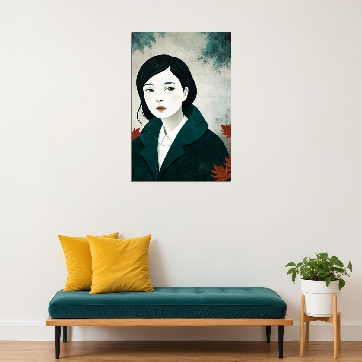 Girl And Leaves Poster Fall Boho Print Modern Wall Art Rustic Trendy Forest Aesthetic - xonomax